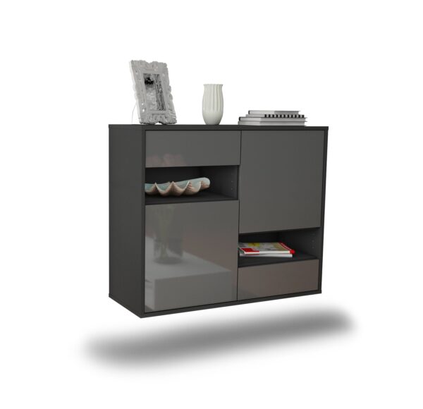 Sideboard Spokane | hängend | Korpus Anthrazit | Front in Hochglanz Grau | 92x79x35cm (BxHxT)