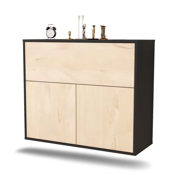 Sideboard Irving | hängend | Korpus Anthrazit | Front in Zeder Holz Optik | 92x79x35cm (BxHxT)