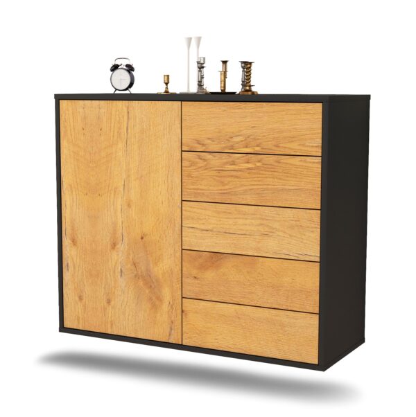 Sideboard Yonkers | hängend | Korpus Anthrazit | Front in Eiche Holz Optik | 92x79x35cm (BxHxT)