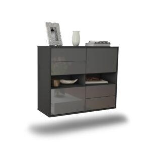 Sideboard Oxnard | hängend | Korpus Anthrazit | Front in Hochglanz Grau | 92x79x35cm (BxHxT)