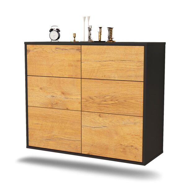 Sideboard Tempe | hängend | Korpus Anthrazit | Front in Eiche Holz Optik | 92x79x35cm (BxHxT)
