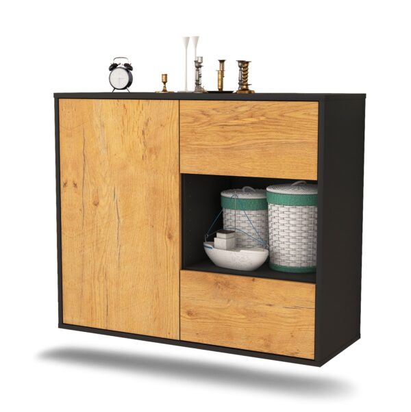 Sideboard Brownsville | hängend | Korpus Anthrazit | Front in Eiche Holz Optik | 92x79x35cm (BxHxT)