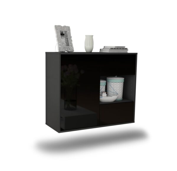 Sideboard Brownsville | hängend | Korpus Anthrazit | Front in Hochglanz Schwarz | 92x79x35cm (BxHxT)