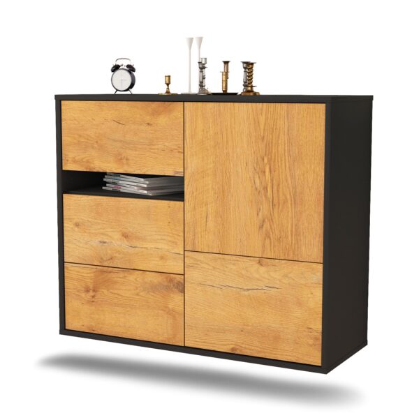 Sideboard Ontario | hängend | Korpus Anthrazit | Front in Eiche Holz Optik | 92x79x35cm (BxHxT)