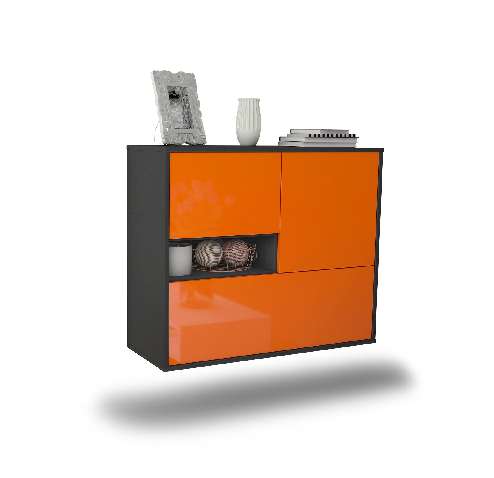 Sideboard Santa Clarita | hängend | Korpus Anthrazit | Front in Hochglanz Orange | 92x79x35cm (BxHxT) 1 Sideboard Santa Clarita | hängend | Korpus Anthrazit | Front in Hochglanz Orange | 92x79x35cm (BxHxT)