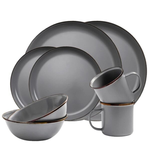Geschirrset 8tlg "Emaille" slate grey (grau gesprenkelt) Outdoorset für 2 Personen Camping Bushcraft im Retro Look Barebones