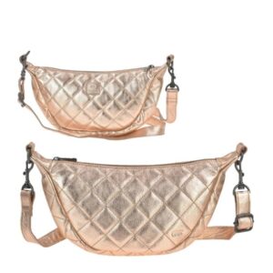 Bear Design Crossbody Bag Tasche "Laura" Damen Leder groß 33x17cm, Umhängetasche, Crossover, Damentasche, Bodybag, 150cm Gurt, metallic apricot rosa