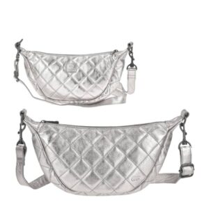 Bear Design Crossbody Bag Tasche "Laura" Damen Leder groß 33x17cm, Umhängetasche, Crossover, Damentasche, Bodybag, 150cm Gurt, metallic silber