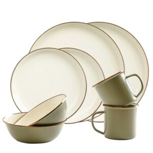 Geschirrset 8tlg "Emaille" olive (2Tone-creme) Outdoorset für 2 Personen Camping Bushcraft im Retro Look BAREBONES