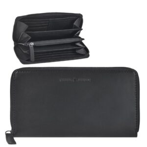 Geldbörse Leder 19x10cm lang mit Reißverschluss "Pure Black" schwarz Greenburry 1127-20