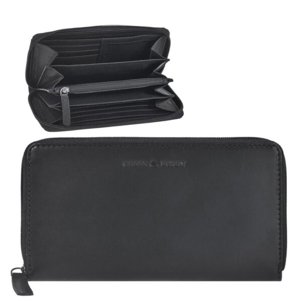 Geldbörse Leder 19x10cm lang mit Reißverschluss "Pure Black" schwarz Greenburry 1127-20