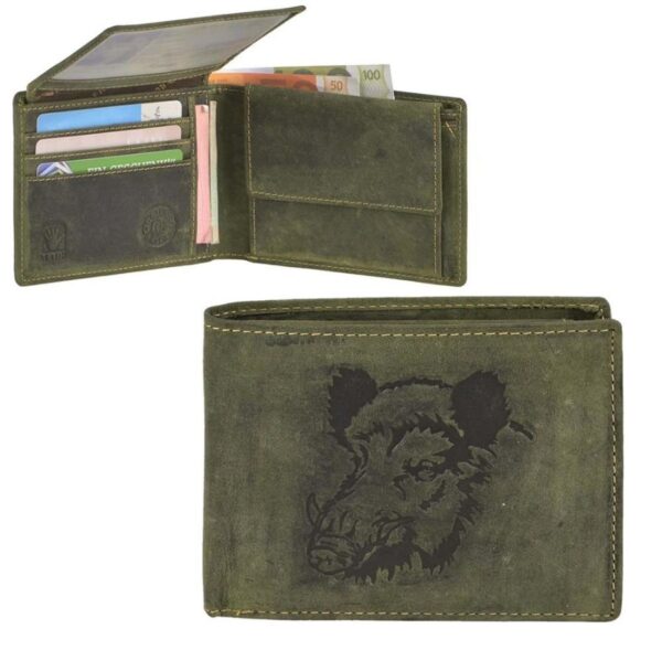 Geldbörse Leder 12x9cm mit Keiler "Vintage Hunting" oliv Greenburry 1705-WILDBOAR-30
