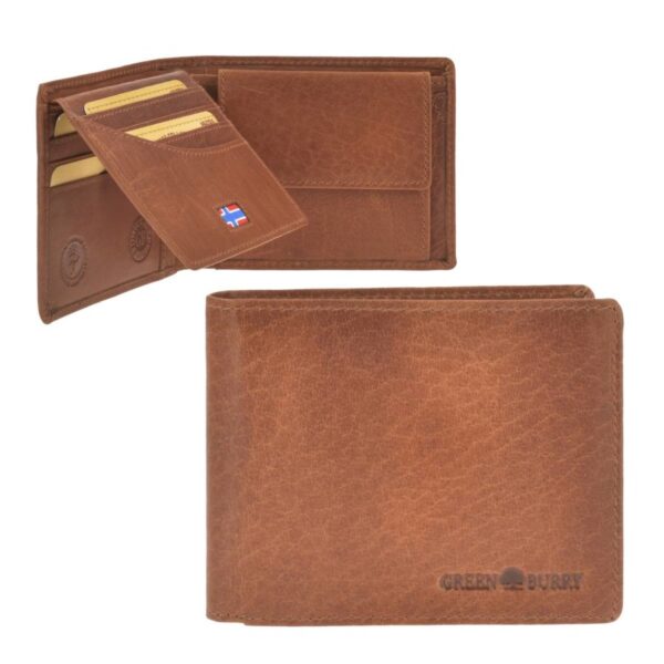 Geldbörse Leder 12x9cm mit RFID Schutz "House of Norway" naturbraun Herren Portemonnaie Querformat GREENBURRY