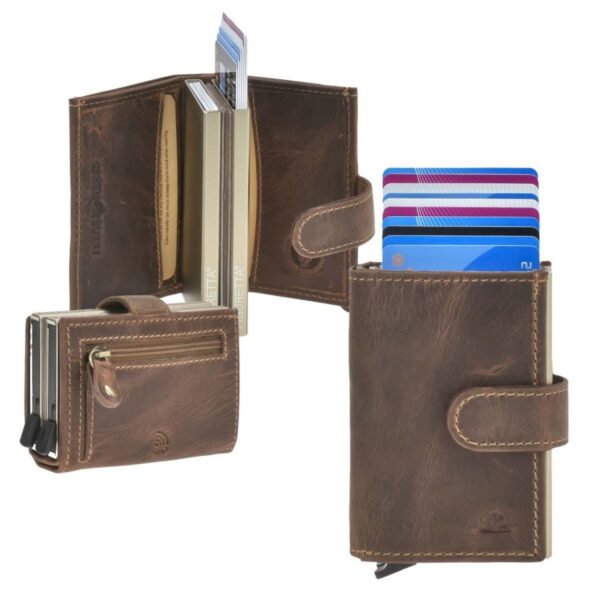 Kartenportemonnaie Herren Leder 8x10cm mit Münzfach Zip für bis zu 12 Karten RFID "Vintage" antik braun GREENBURRY
