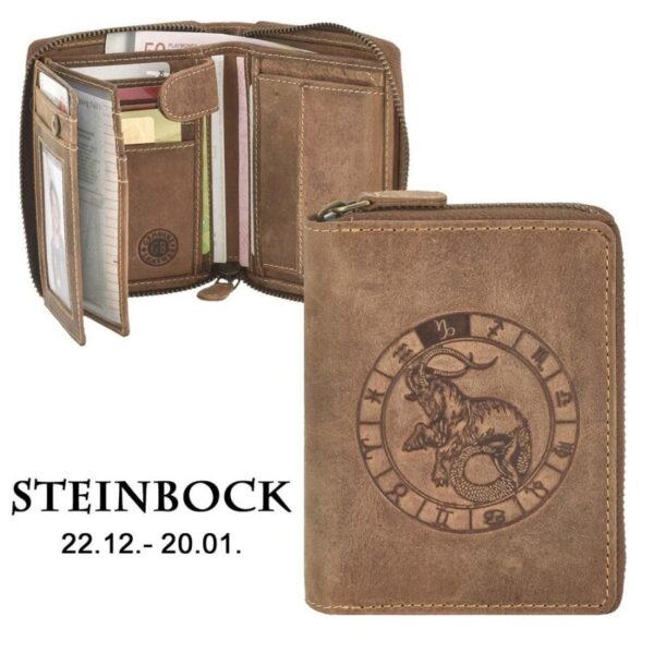 Reißverschluss Geldbörse 10x12cm Steinbock "Vintage" antikbraun Greenburry 821A