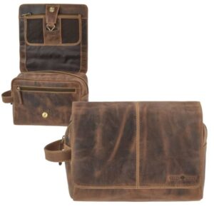 Greenburry Kulturbeutel zum Aufhängen Leder 27x20cm "Vintage" antikbraun, Kulturtasche, Waschtasche für Reisen
