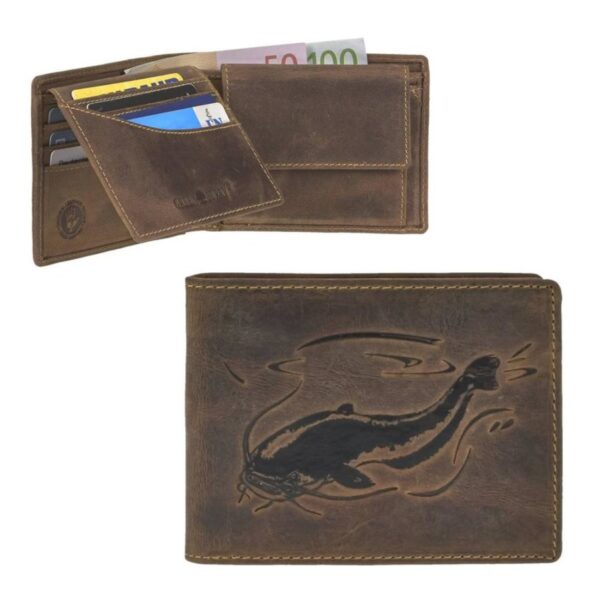 Leder Geldbörse 12x9cm mit Fisch "Vintage" antikbraun Wels