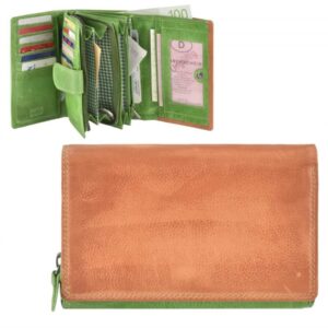 Geldbörse Leder mit 12 Kartenfächern 15x10cm orange grün Mika 42186