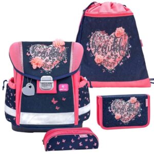 Belmil Schulranzen Set Mädchen Beautiful Flowers (Motiv: Herz mit Blumen) "Classy", ab 1.Klasse Grundschule
