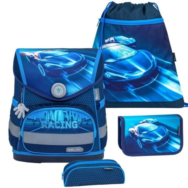Belmil Schulranzen Set "Compact" (Racing Blue Neon - Rennwagen) für Jungen ab 1. Klasse Grundschule Einschulung