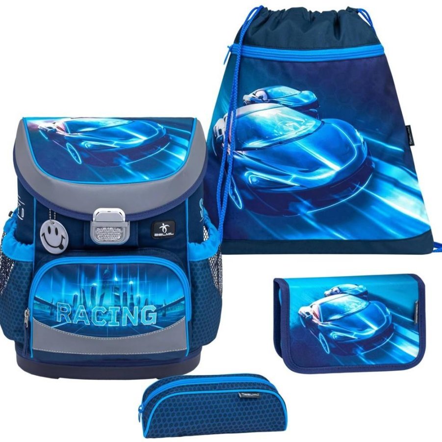 schulranzen set mini fit 4tlg fuer kleinere kinder racing blue neon motiv rennwagen