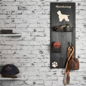 Wandgarderobe Holz 30x80cm "HUNDEZEUG" mit Haken und Körben (Cocker Spaniel)