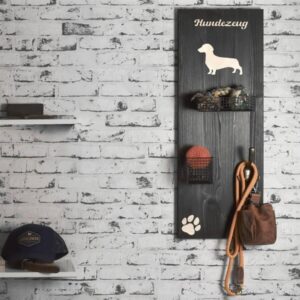 Wandgarderobe Holz 30x80cm "HUNDEZEUG" mit Haken und Körben (Dackel)