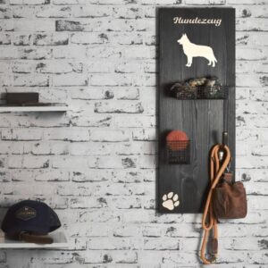 Wandgarderobe Holz 30x80cm "HUNDEZEUG" mit Haken und Körben (Deutscher Schäferhund)