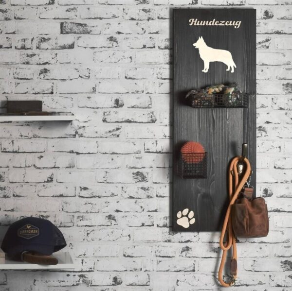 Wandgarderobe Holz 30x80cm "HUNDEZEUG" mit Haken und Körben (Deutscher Schäferhund)