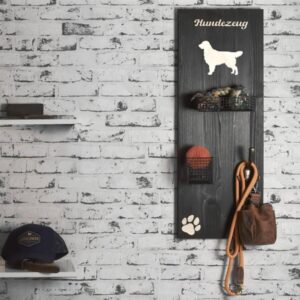 Wandgarderobe Holz 30x80cm "HUNDEZEUG" mit Haken und Körben (Golden Retriever)