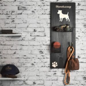 Wandgarderobe Holz 30x80cm "HUNDEZEUG" mit Haken und Körben (Jack Russel)