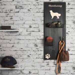 Wandgarderobe Holz 30x80cm "HUNDEZEUG" mit Haken und Körben (Landseer)
