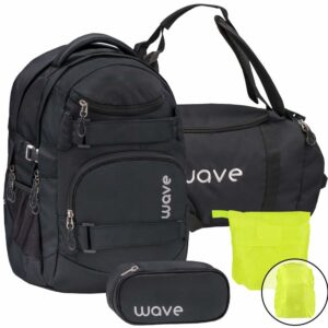 Wave Schulrucksack Set BLACK 4teilig mit Sporttasche Schlamper und Regenschutz
