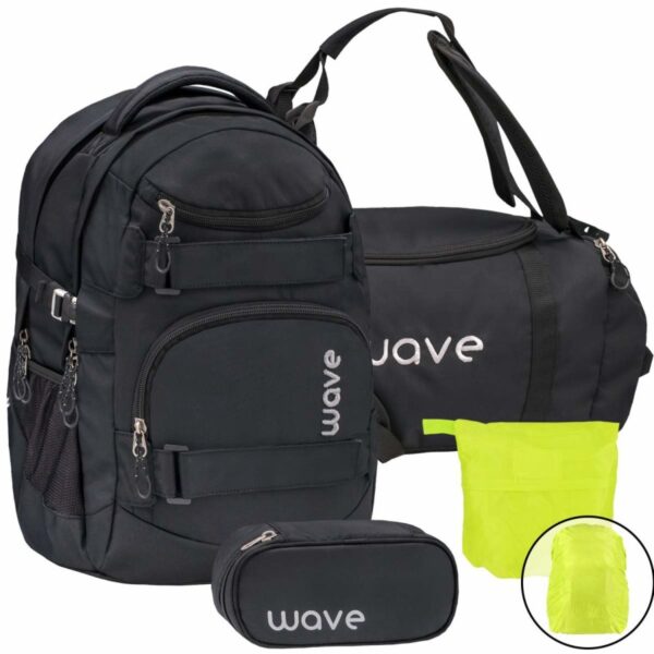 Wave Schulrucksack Set BLACK 4teilig mit Sporttasche Schlamper und Regenschutz