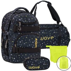 Wave Schulrucksack Set BLACK AND YELLOW DOTS 4teilig mit Sporttasche Schlamper und Regenschutz