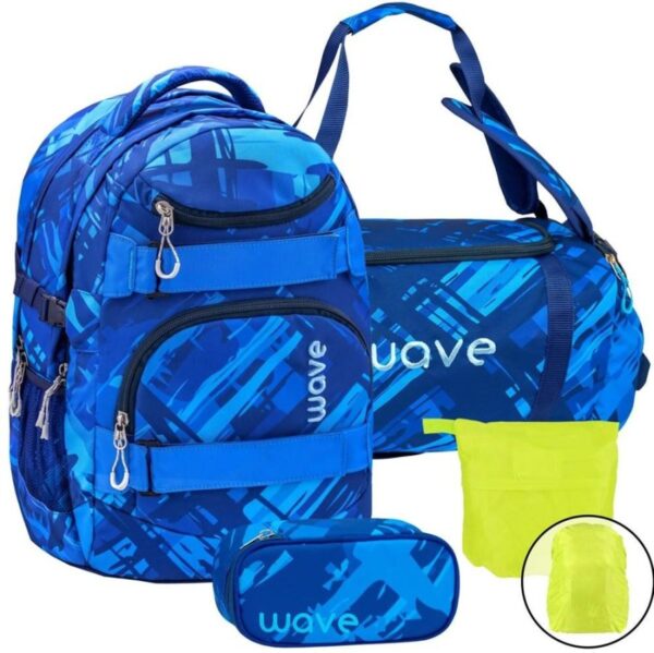 Wave Schulrucksack Set DEEP OCEAN 4teilig mit Sporttasche Schlamper und Regenschutz