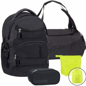 Wave Schulrucksack Set POSH BLACK 4teilig mit Sporttasche Schlamper und Regenschutz