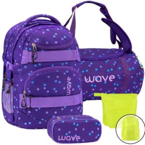 Wave Schulrucksack Set PURPLE DOTS 4teilig mit Sporttasche Schlamper und Regenschutz