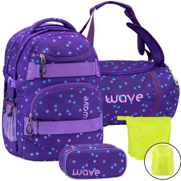 Wave Schulrucksack Set PURPLE DOTS 4teilig mit Sporttasche Schlamper und Regenschutz