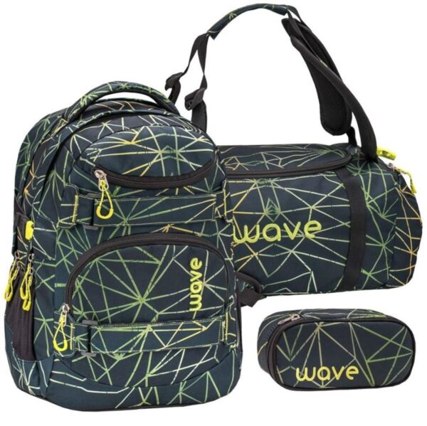 Wave Schulrucksack Set STRIPES GREEN 3teilig mit Sporttasche und Schlamper