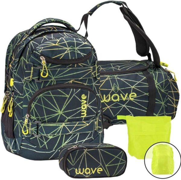 Wave Schulrucksack Set STRIPES GREEN 4teilig mit Sporttasche Schlamper und Regenschutz