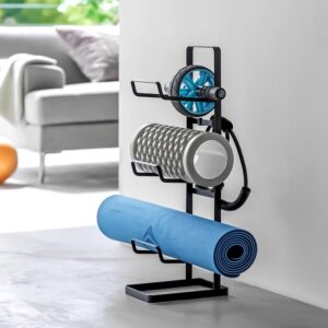 Fitnessgeräte-Ständer mit 3 Ablageebenen für Yogarolle, Faszienrollen 15x65x24cm mit Haken für z.Bsp. Fitnessbänder, schwarz