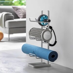 Fitnessgeräte-Ständer mit 3 Ablageebenen für Yogarolle, Faszienrollen 15x65x24cm mit Haken für z.Bsp. Fitnessbänder, weiß