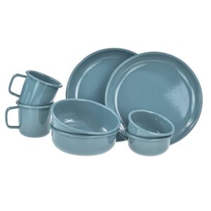 Geschirrset 8-teilig für 2 Personen Metall smoky blue | Barebones Rolled Emaille Set Teller Schalen Becher Outdoor Camping Picknick langlebig.