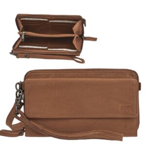 Handy-Geldbörse 12 Kartenfächer Leder cognac 20x10,5cm | Bear Design Lilian. Hochwertige Lederbörse mit 165cm Gurt für mehr Flexibilität im Alltag.