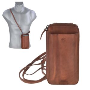 Handy-Portemonnaie RFID & Handyfach Leder cognac | Bear Design Anniek. Funktionale Umhängetasche für Damen mit 6 Kartenfächern und 170cm Gurt.