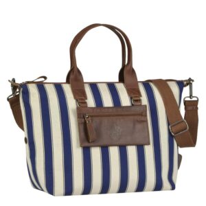Shopper Damen 2in1 A4-Format Stoff navy striped | Berba Jacoba Umhängetasche mit Lederbesatz. Funktionale Handtasche für den organisierten Büro-Alltag