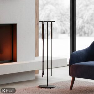 Freistehendes Kaminbesteck aus Metall in der farbe schwarz | Blomus Ashi. Eine strukturierte Kaminpflege für ein sauberes Ofen-Ambiente.