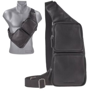 Crossover Bag Leder schwarz 2 Taschen | Greenburry Basic Slingbag mit 160cm Gurt. Kompakter Organizer für Herren als Brusttasche und Schultertasche.