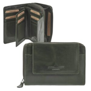 Damenbörse mit RFID-Schutz aus Leder british green im Langformat | Greenburry. Funktionale Brieftasche schützt Kreditkarten vor Datendiebstahl.